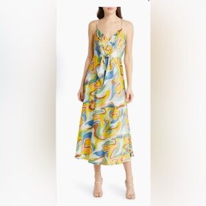 FLORET STUDIOS Printed Tie Front Satin Maxi Dress in Yellow Multi Swirl Size S